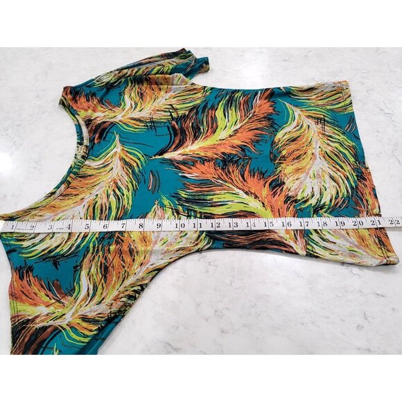 Pronto Womens Open Shoulder Top with Vibrant Teal & Orange Feather Print Size M - Picture 6 of 6